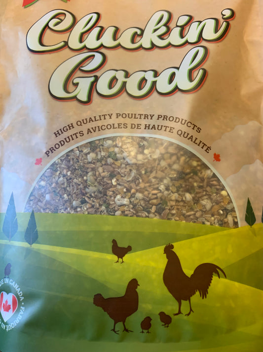 Cluckin Good milled grain complete layer ration for laying poultry.