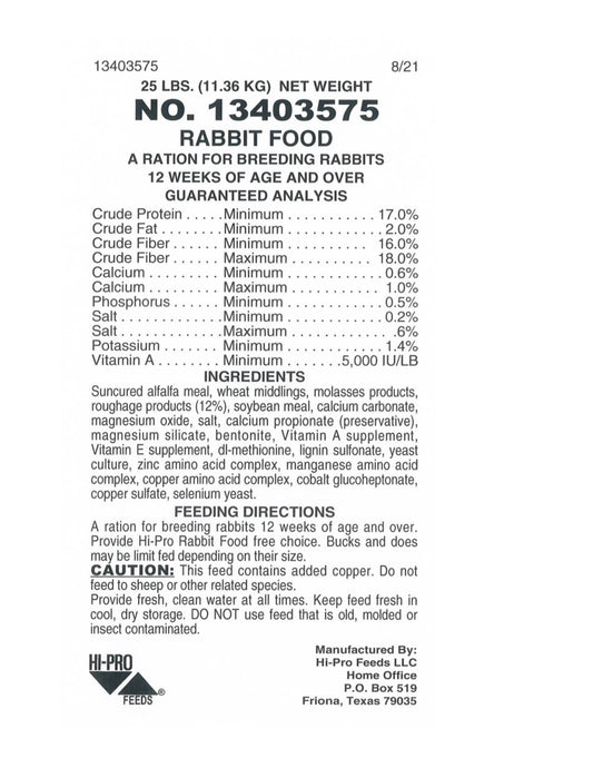 Rabbit Pellets by Hi-Pro Feeds Feed Analysis