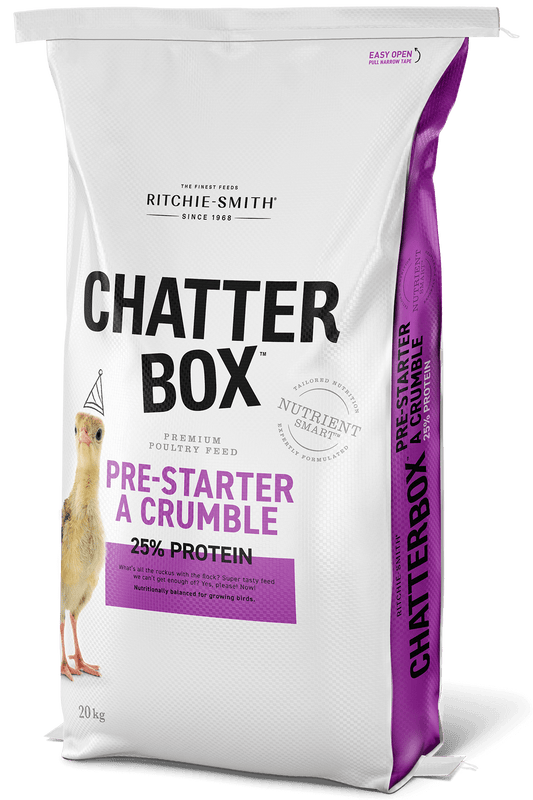 Chatter Box Pre-Starter A Crumble.  Perfect nutrition to get your poults off to a happy (and chatty) start. All the food they’ll need is in this feed.