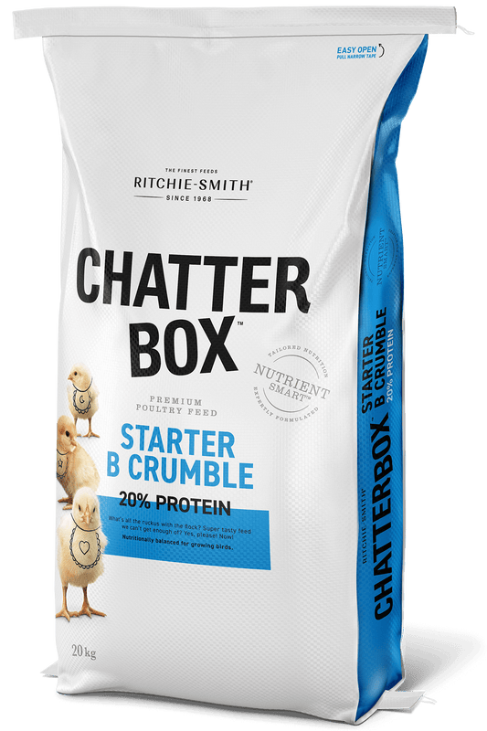 Chatterbox PreStarter B Crumble.  20% PROTEIN  Complete nutrition to get your little ones off to a happy (and chatty) start. Everything they’ll need is in this feed.